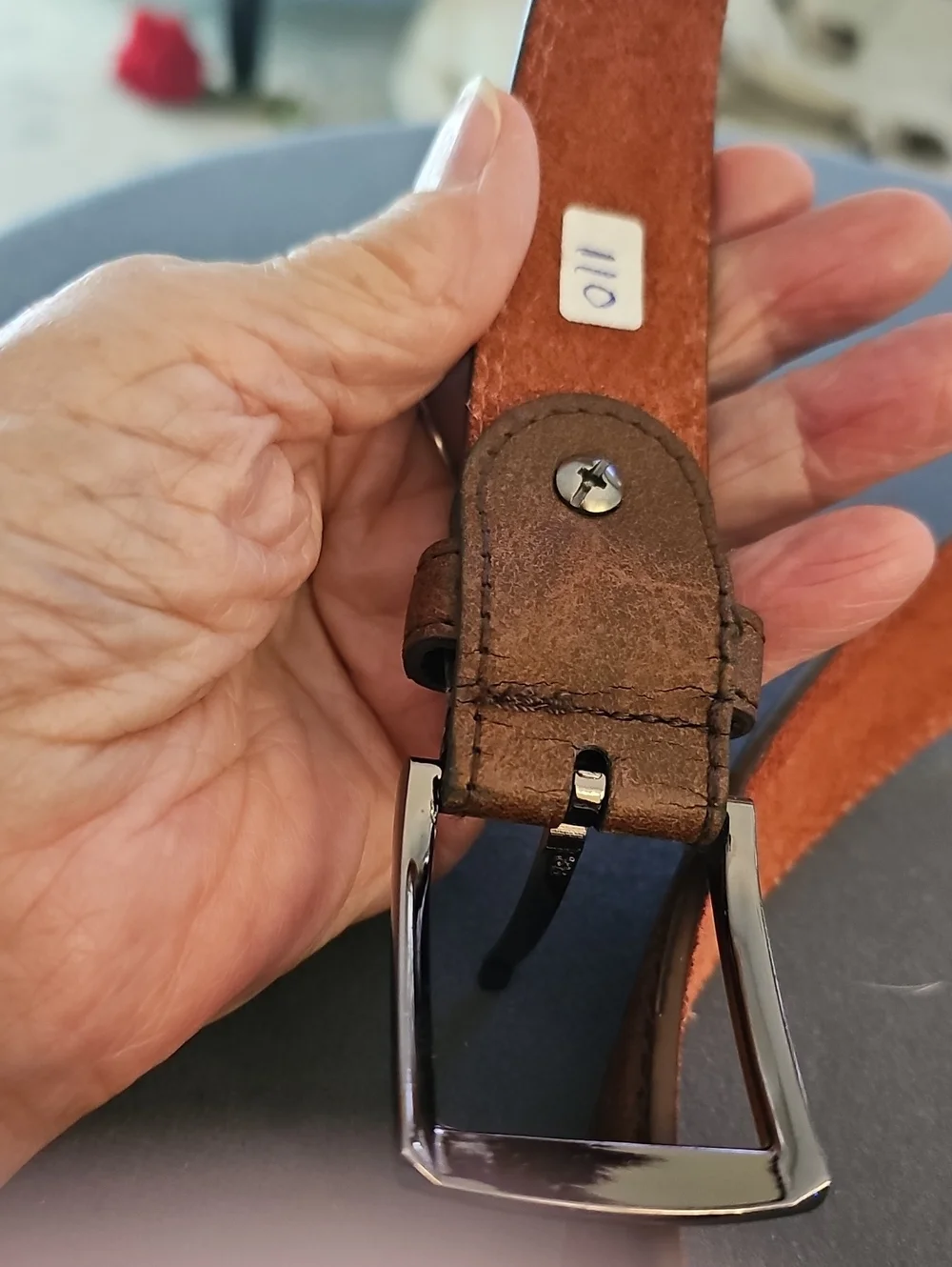 Brown Men's Leather Belt - Classic Embossed Design. Size 38. Silver Buckle